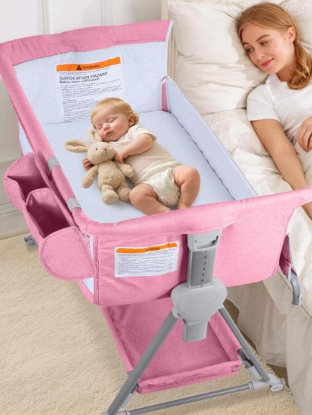 Baby Bassinet/Bedside Wheeled Sleeper, 7 Height Adjustable-Pink